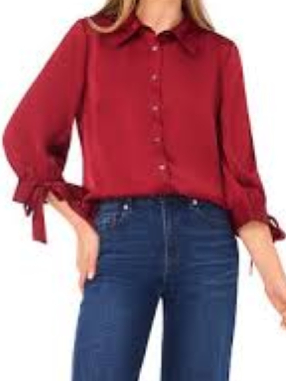 CeCe Burgundy Button-Front Tie Cuff Blouse
